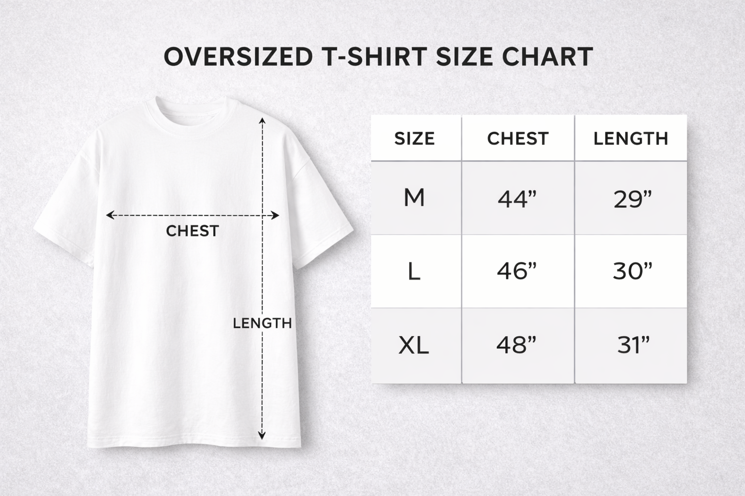 Oversized t-shirt size chart with measurements on a light gray background
